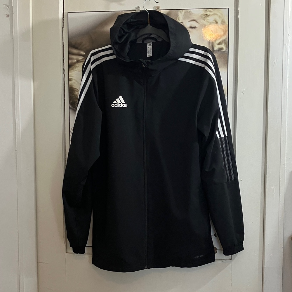 3/30$ Adidas Black Jacket with White Accents mens small woman’s large